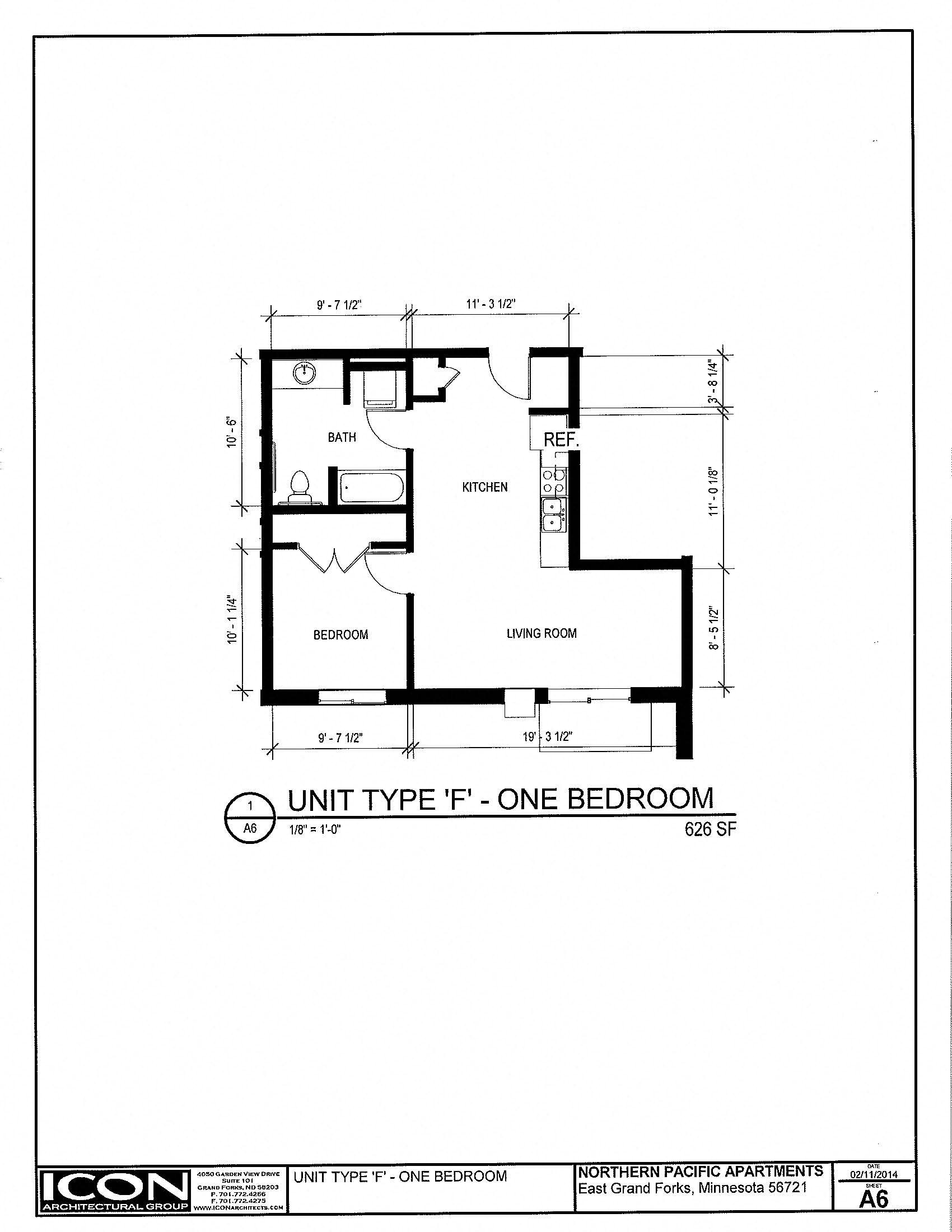 Floor plan for 1 bed, 1 bath, 626 sqft
